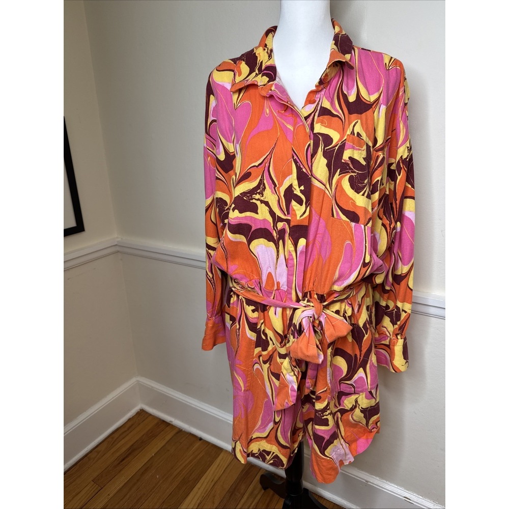 Eloquii Skort Romper Long Sleeve Women swirl 22W linen pink orange yellow maroon
